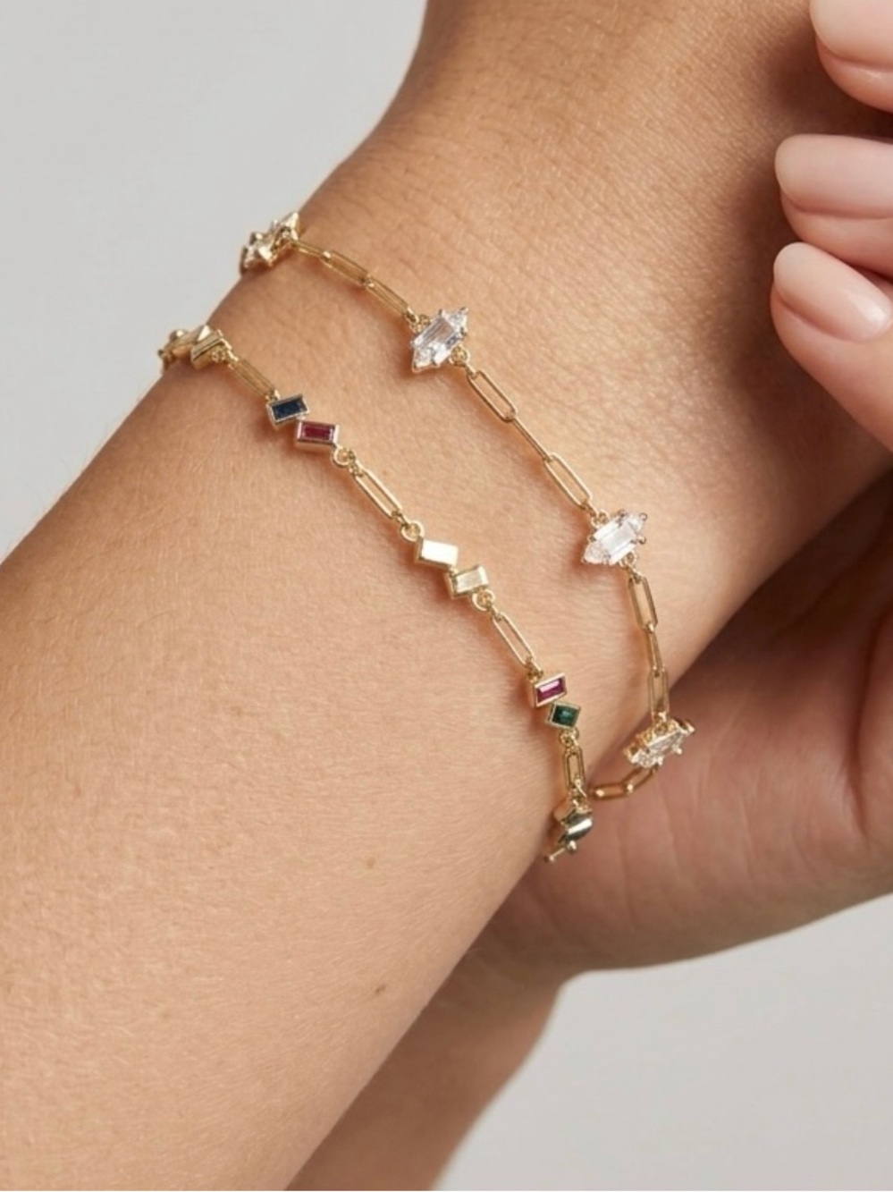14K Gold Plated 2-Piece Bracelet Set | Rainbow CZ Baguette & Clear Crystal